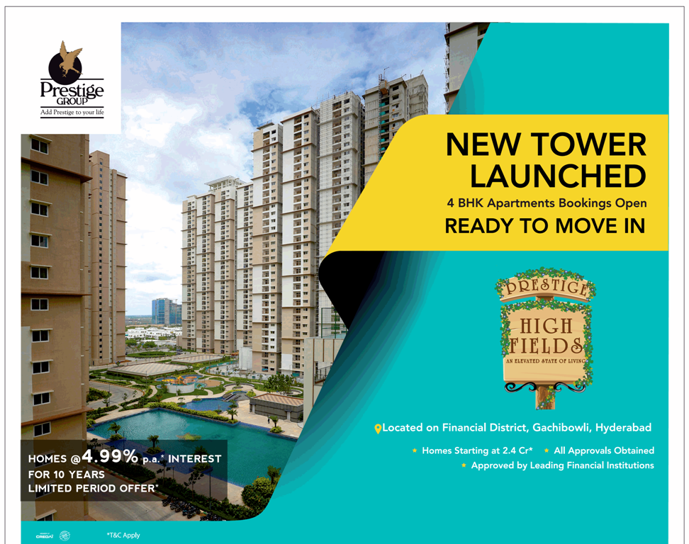 New tower launched 4 BHK apartments bookings open ready to move in at Prestige High Fields, Hyderabad Update