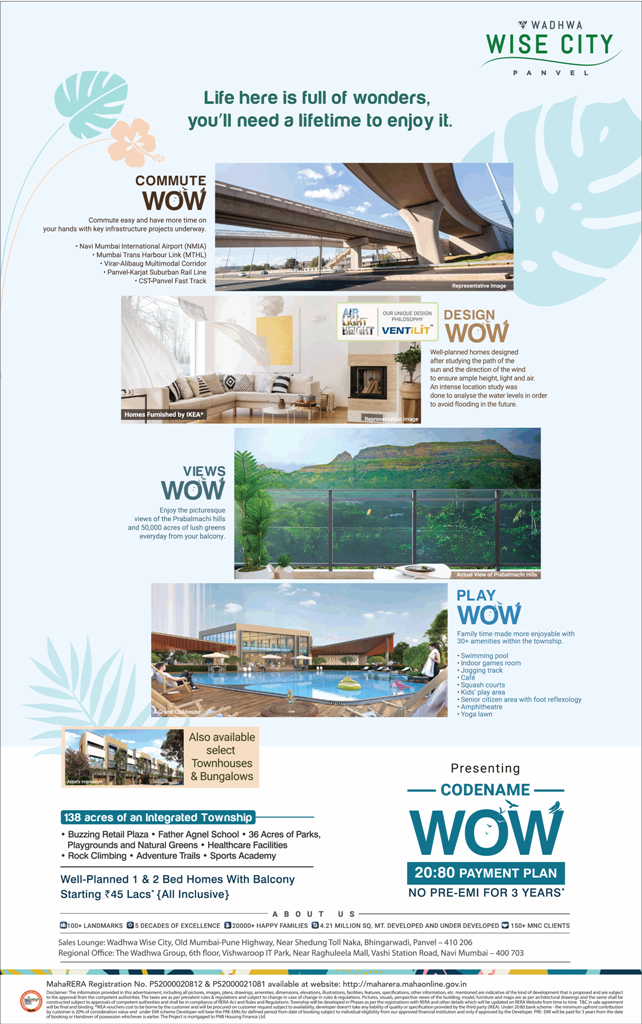 Presenting Codename Wow 20:80 payment plan no pre-EMI for 3 years at Wadhwa Wise City, Navi Mumbai