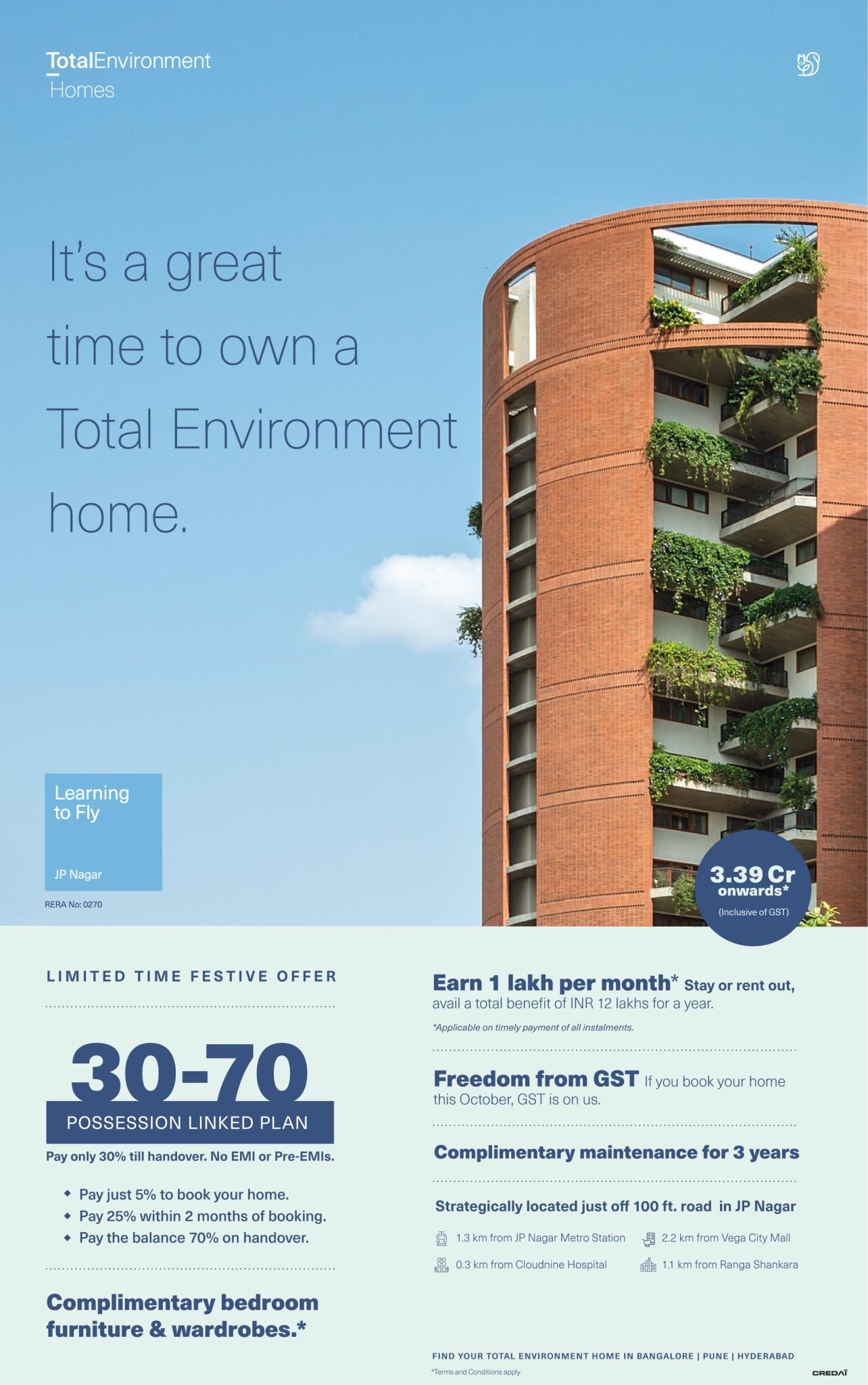 Pay only 30% till handover no EMI or pre- EMIs at Total Environment Learning, Bangalore