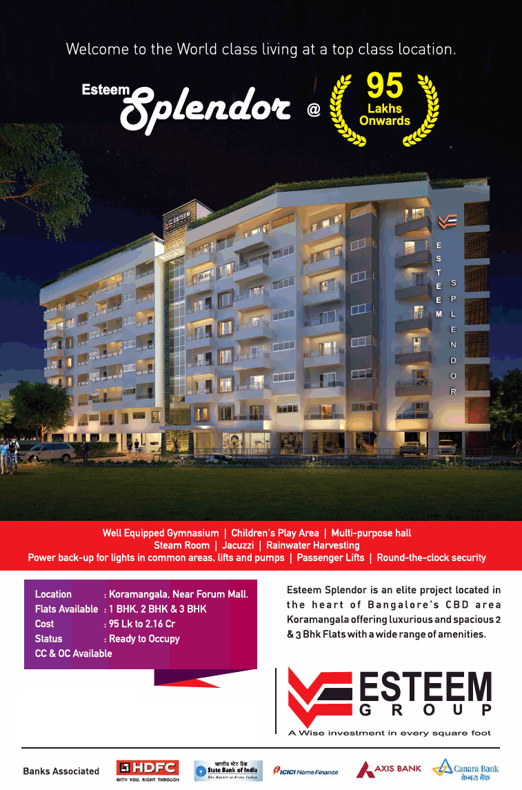Book 1, 2 and 3 BHK starting at Rs 95 Lakhs at Esteem Splendor, Bangalore Update