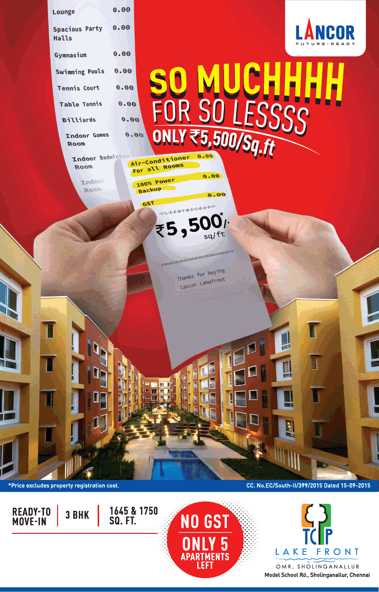 No GST only 5 apartments left at Lancor TCP Lakefront in Chennai