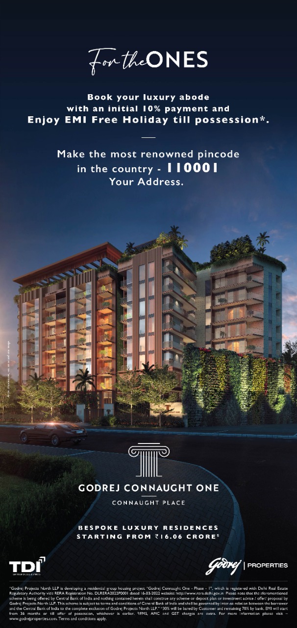 Book your luxury abode with an initial 10% payment and Enjoy EMI Free Holiday till possession at Godrej Connaught One, New Delhi