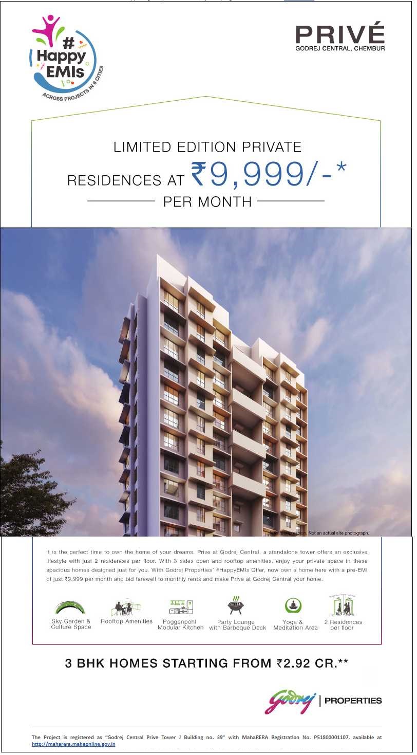 Godrej Central Prive private residences at Rs. 9,999 per month with Happy EMIs Scheme in Mumbai