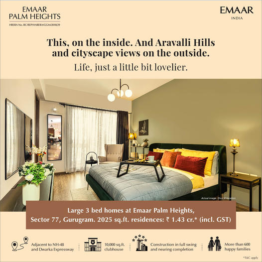 Large 3 bed homes Rs 1.43 Cr at Emaar Palm Heights in Sector 77, Gurgaon
