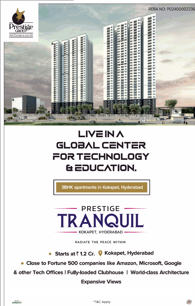 Book 3 BHK apartments Rs 1.2 Cr at Prestige Tranquil in kokapet, hyderabad