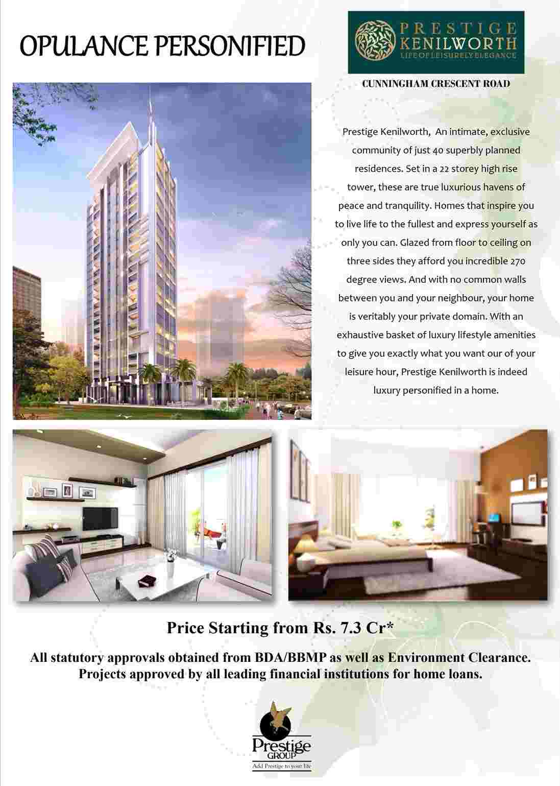 Live a ultimate opulance living at Prestige Kenilworth in Bangalore