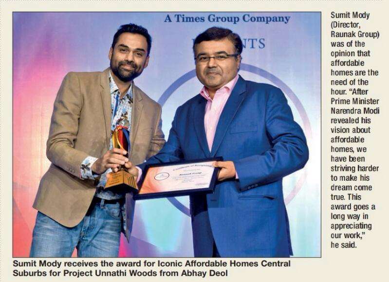 Raunak Unnathi Woods awarded as the most Iconic Affordable Housing Township - Central Suburbs at Times Realty Icon Awards 2017