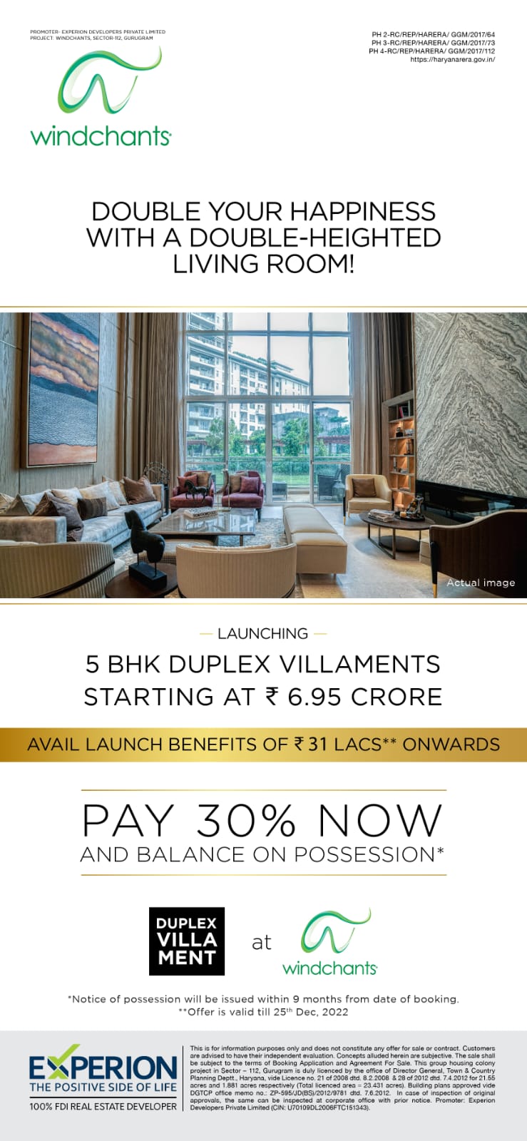 Pay 30% now and balance on possession at Experion Windchants, Gurgaon