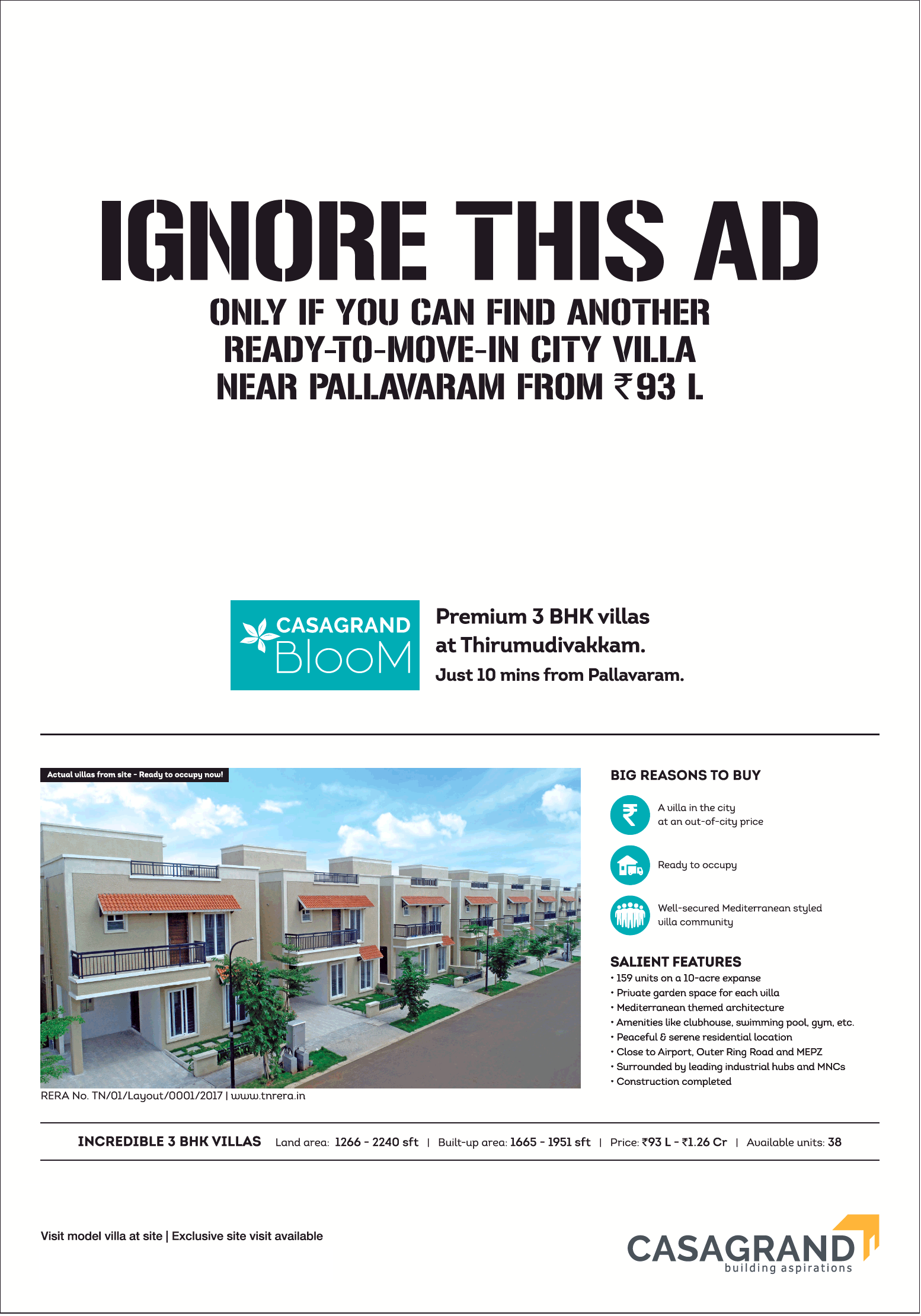 Premium 3 BHK villas Rs 93 Lac at Casagrand Bloom in Chennai