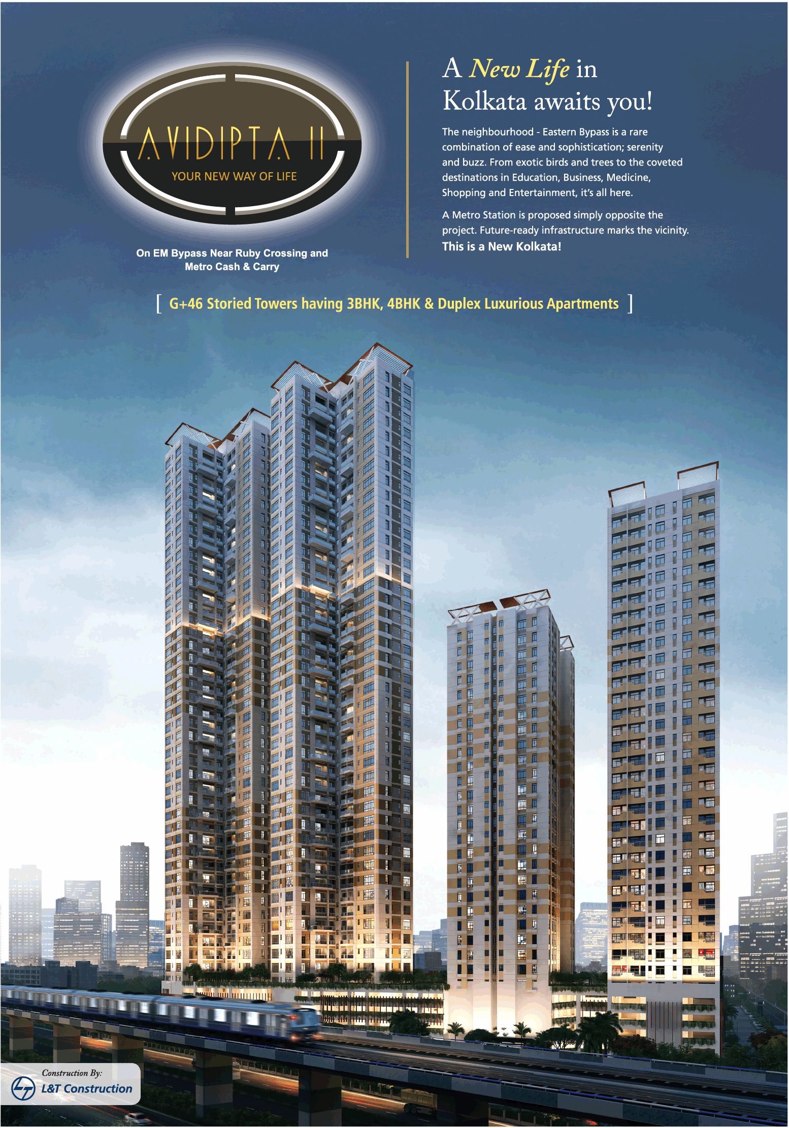 G+46 storied towers having 3 & 4 BHK & Duplex luxurious apartments at Bengal Peerless Avidipta 2, Kolkata