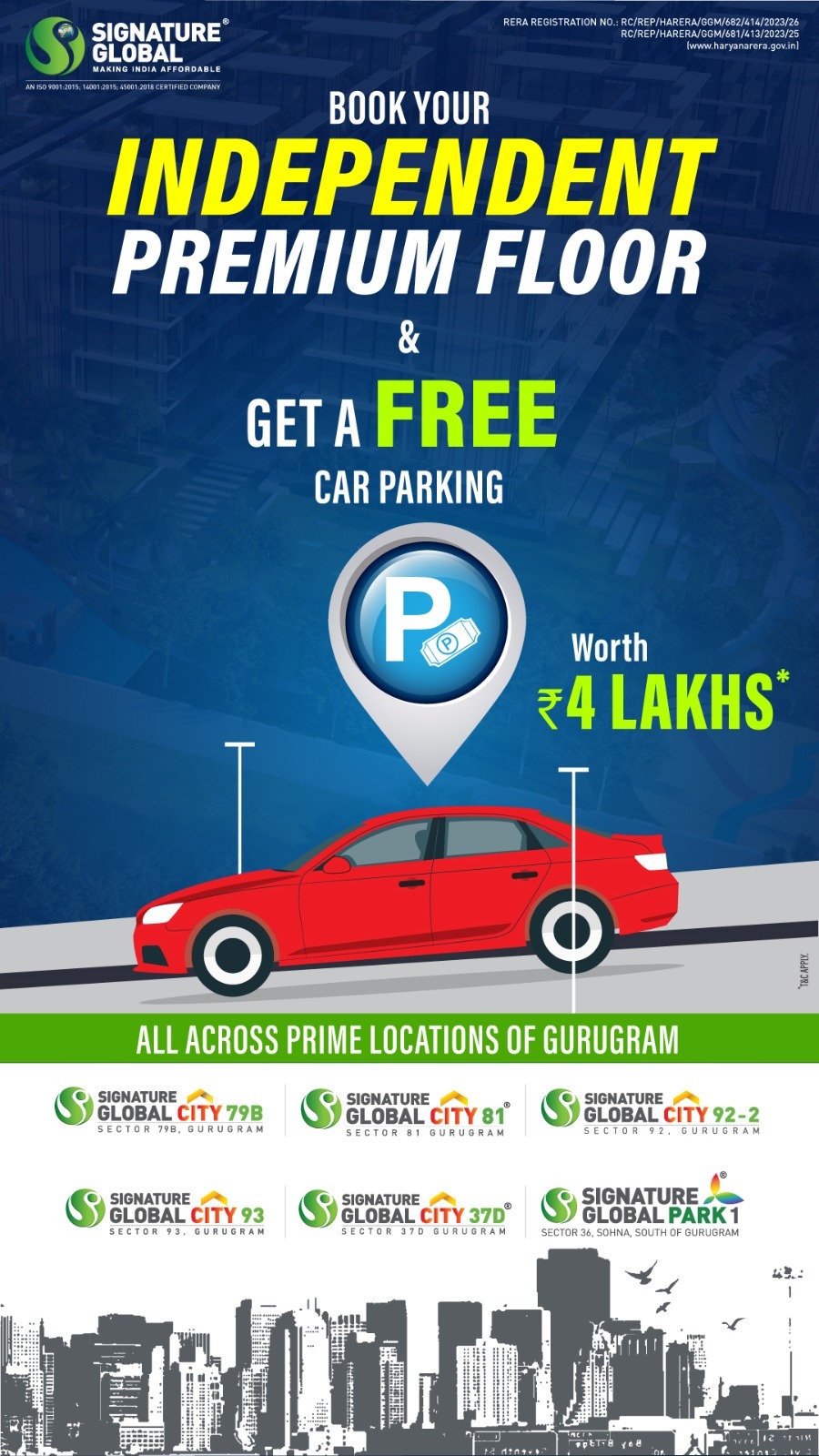 Book your independent premium floor and get a free car parking at Signature Global in Gurgaon
