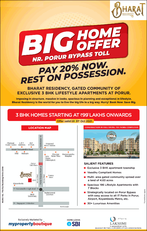 Pay 20% now rest on possession at Lakshmi Bharat Residency, Chennai