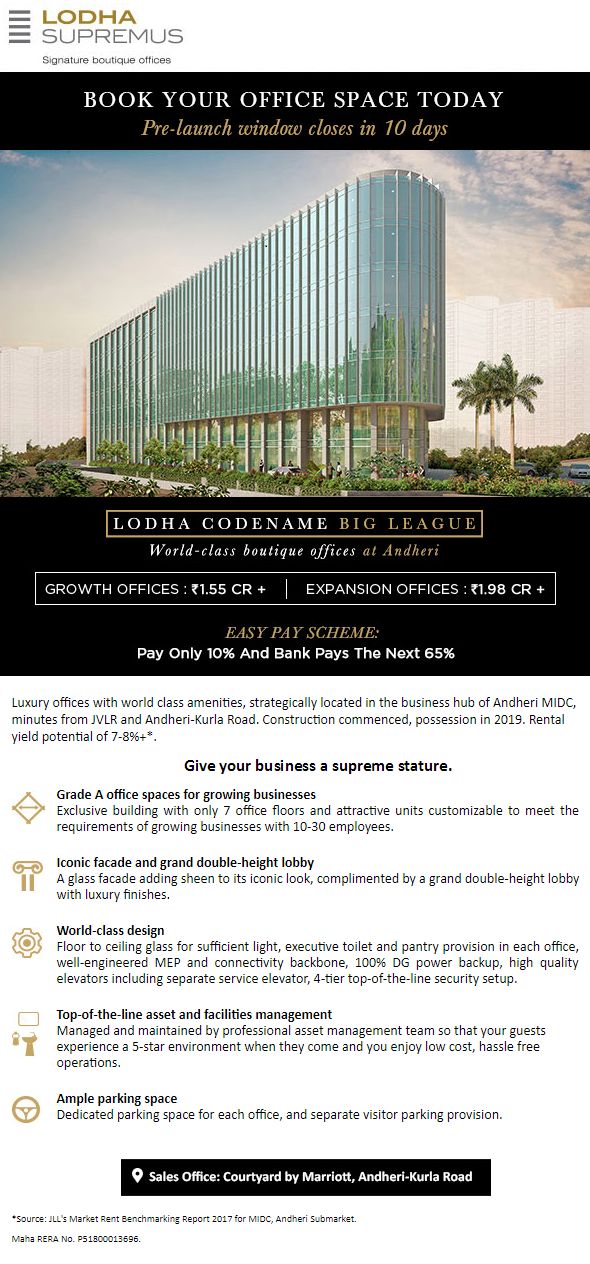 Book your office space before the pre-launch window closes at Lodha Supremus in Mumbai Update