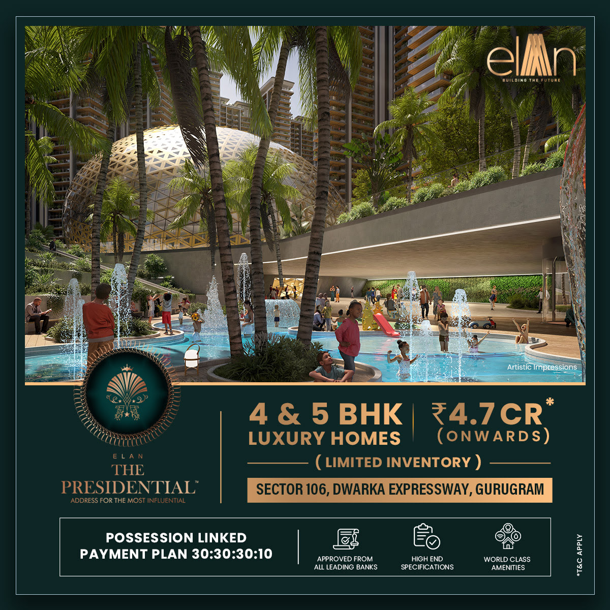 Posession linked payment plan 30:30:30:10 and approved from all leading banks at Elan The Presidential, Gurgaon