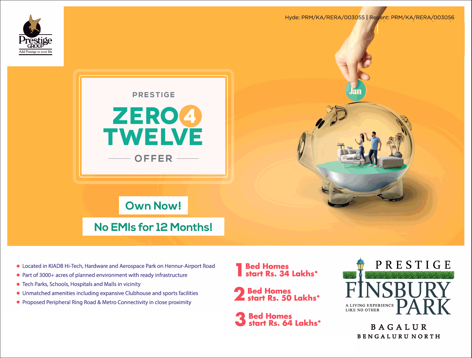 Own now no EMIs for 12 Months at Prestige Finsbury Park, Bangalore