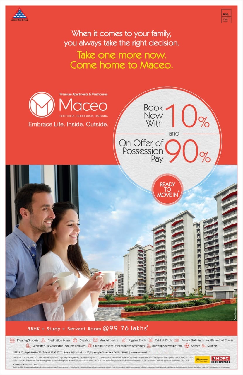 Book now with 10% and on offers of possession pay 90% at Anant Raj Maceo, Gurgaon