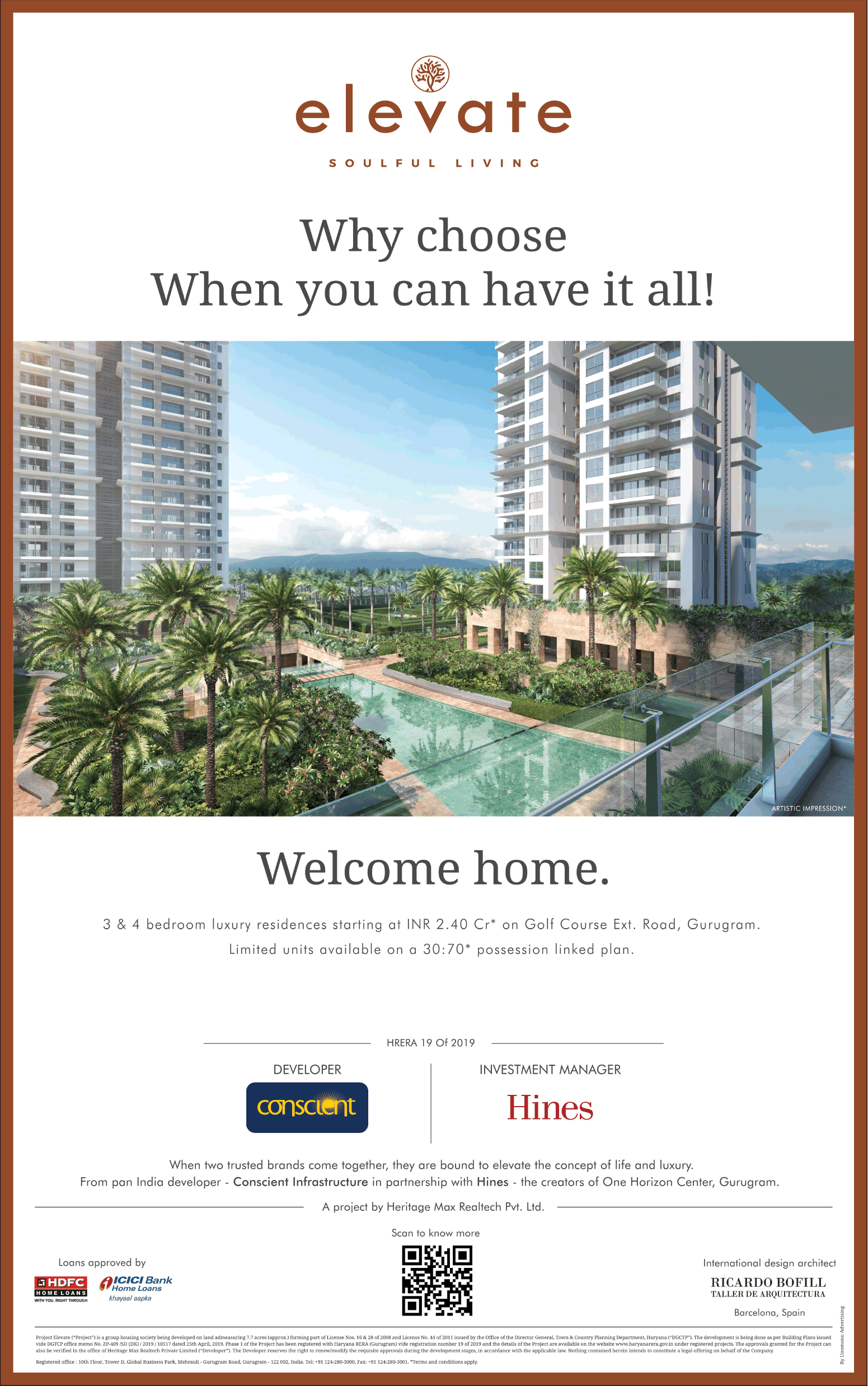 Book 3 & 4 bedroom luxury residences starting Rs 2.40 Cr at Conscient Hines Elevate, Gurgaon