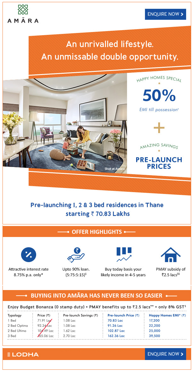 Pre launching 1, 2, 3 bed residences @ 70.83 lakhs at Lodha Amara in Mumbai