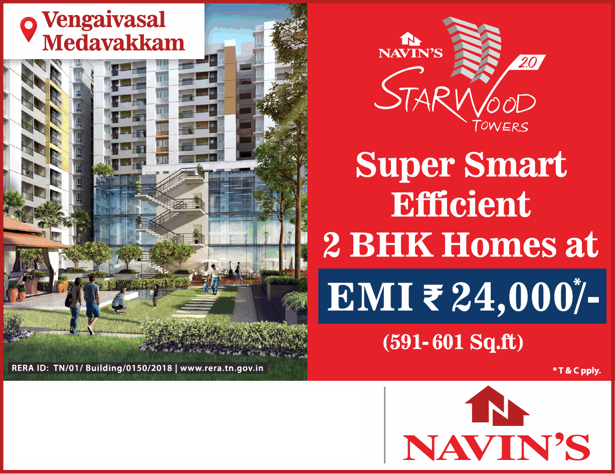 Super smart efficient 2 BHK homes EMI Rs 24,000 at Navins Starwood Towers 2.0, Chennai
