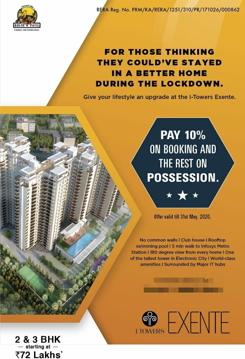 Pay 10% and the rest on possession at Kolte Patil I Towers Exente in Bangalore