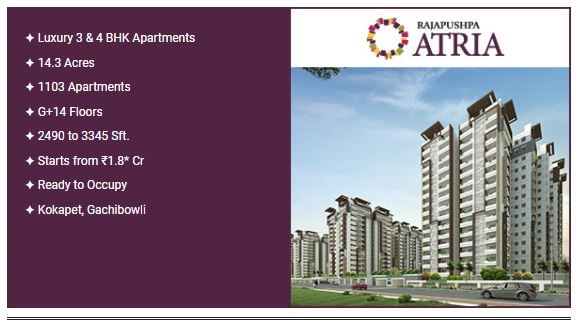 Luxury 3 & 4 BHK apartments Rs 1.8 Cr at Rajapushpa Atria, Hyderabad