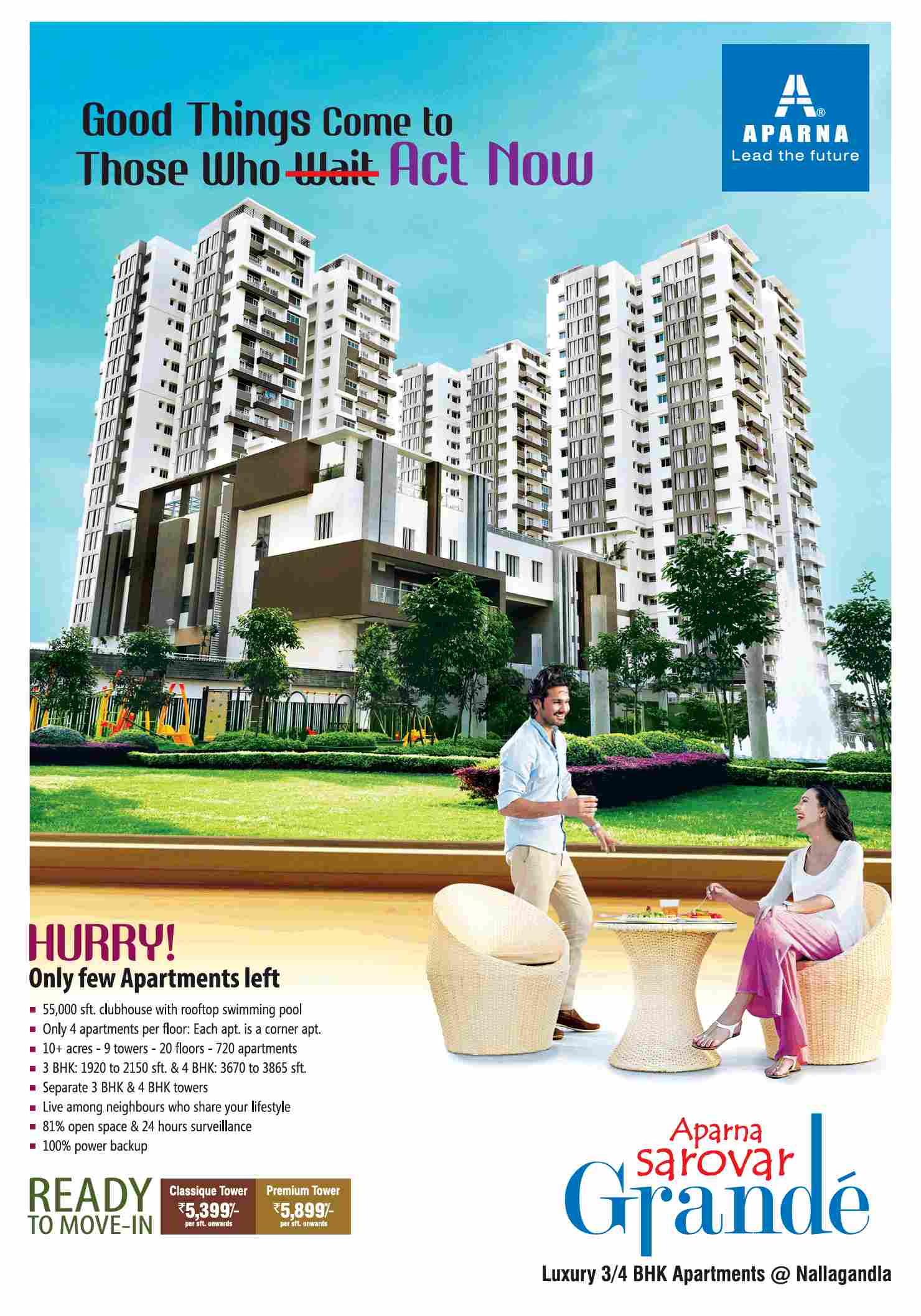 Experience the serene & lush environs of the greenest address in town at Aparna Sarovar Grande, Hyderabad