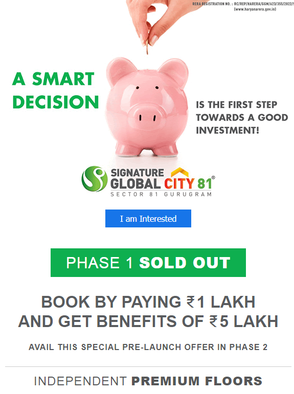 Phase 1 sold out at Signature Global City 81 in Sector 81, Gurgaon