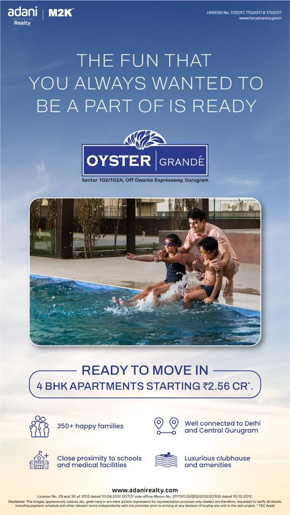 Ready to move in 4 BHK apartments starting Rs 2.56 Cr at Adani M2K Oyster Grande, Gurgoan