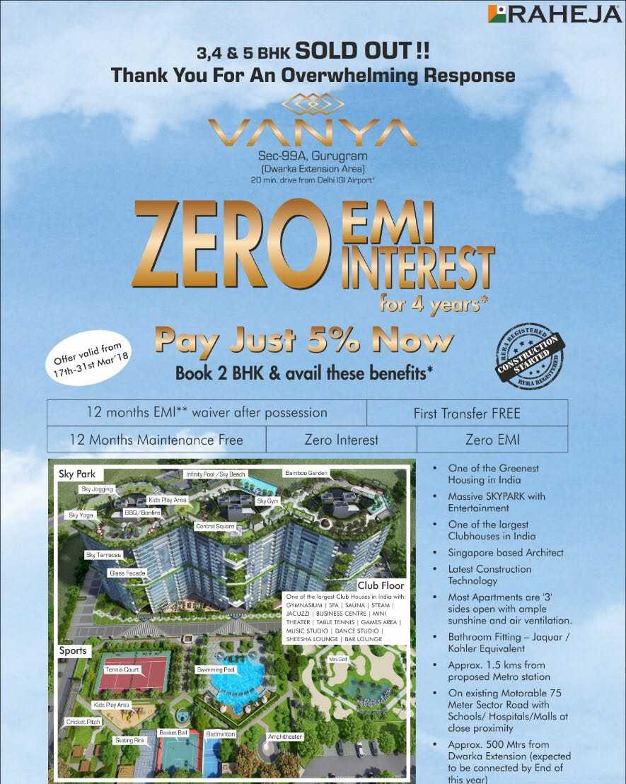 Pay just 5% now and book your home at Raheja Vanya in Gurgaon