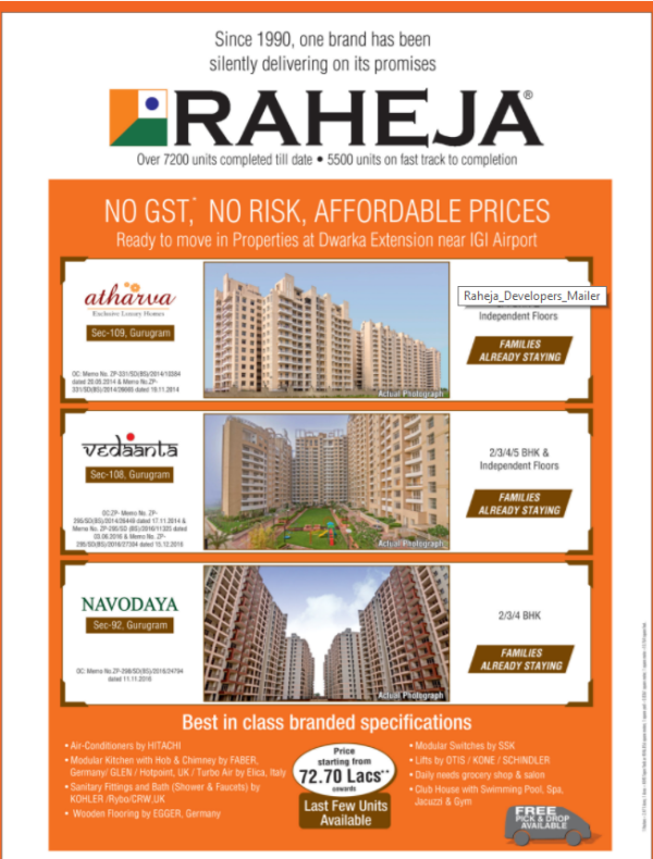 Book ready to move in properties by Raheja Developers at Dwarka Extension near IGI Airport