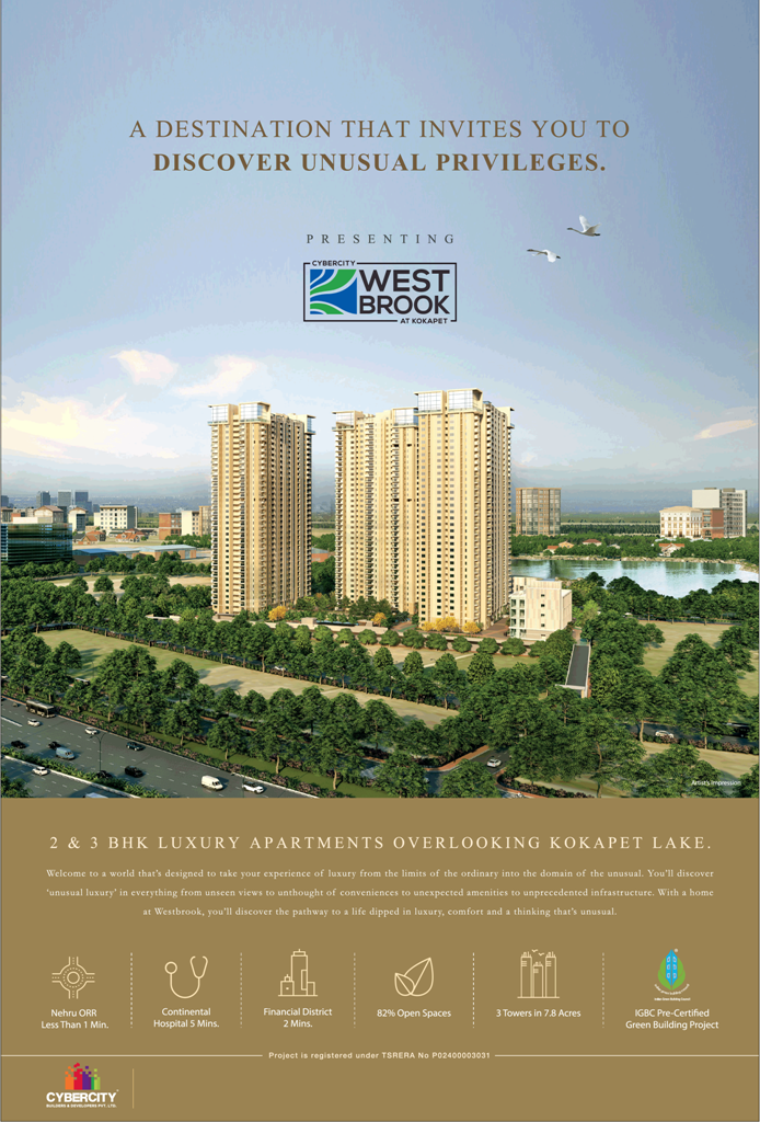 Cybercity Westbrook 2 & 3 BHK luxury apartments overlooking Kokapet Lake, Hyderabad