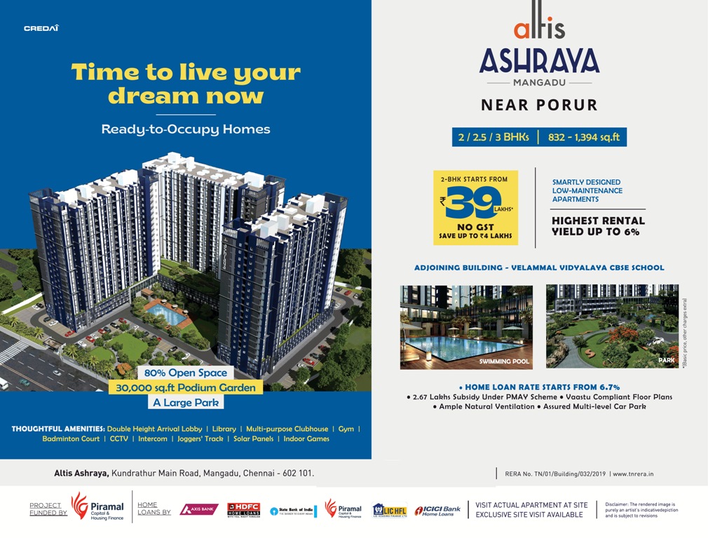 Ready-to-occupy homes at Altis Ashraya in Mangadu, Chennai