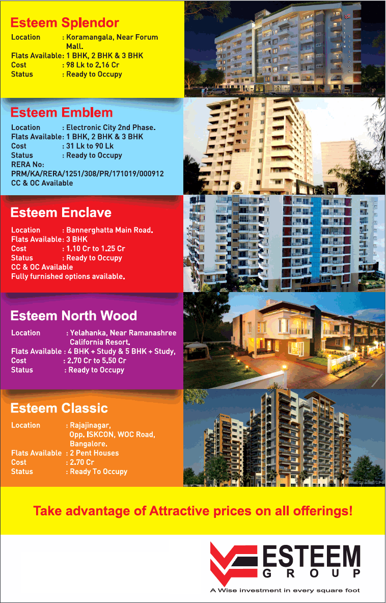 Take advantage of attractive prices on all offerings given by Esteem Group , Bangalore Update