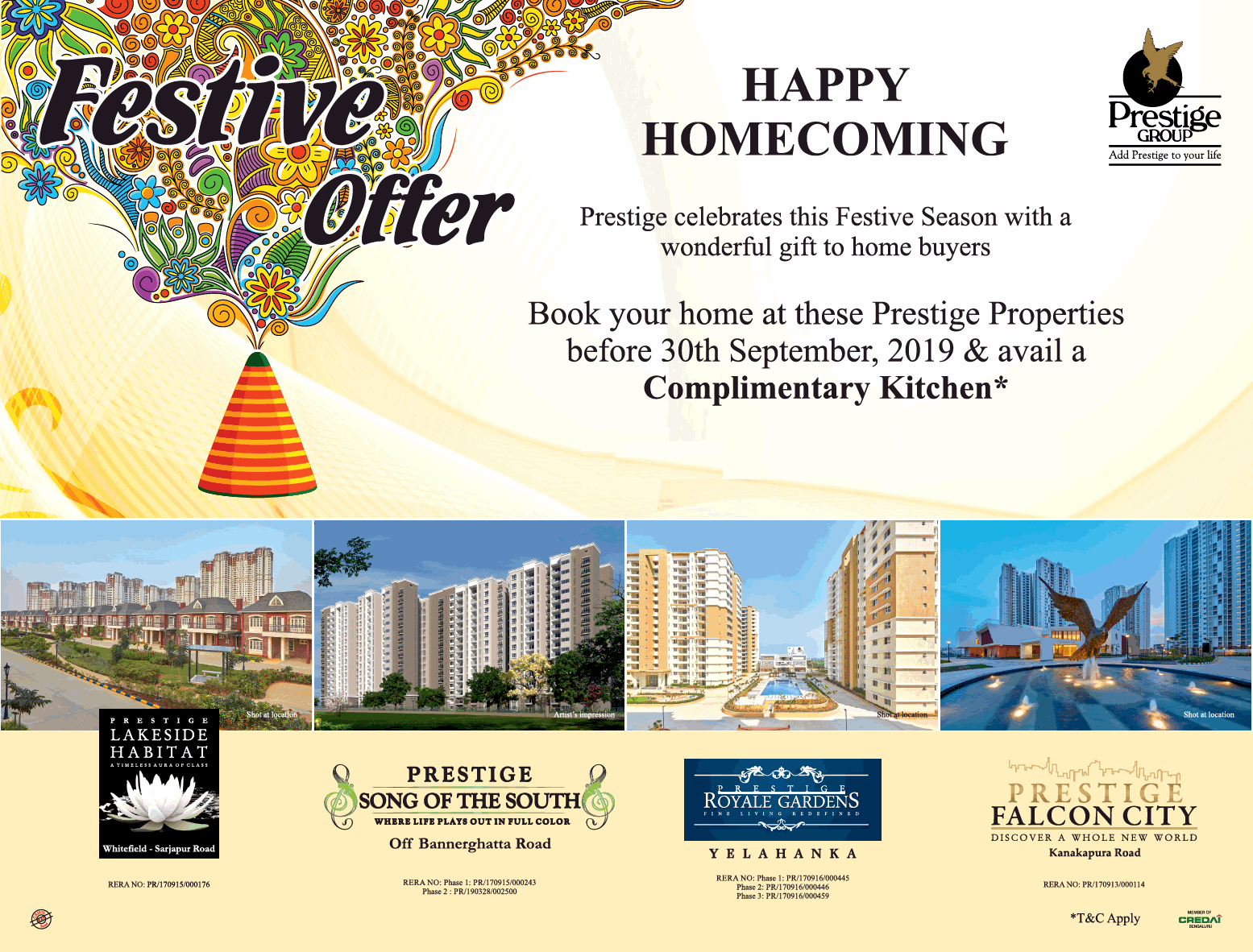 Book your home at these Prestige Properties before 30th September, 2019 & avail a complimentary kitchen, Bangalore Update