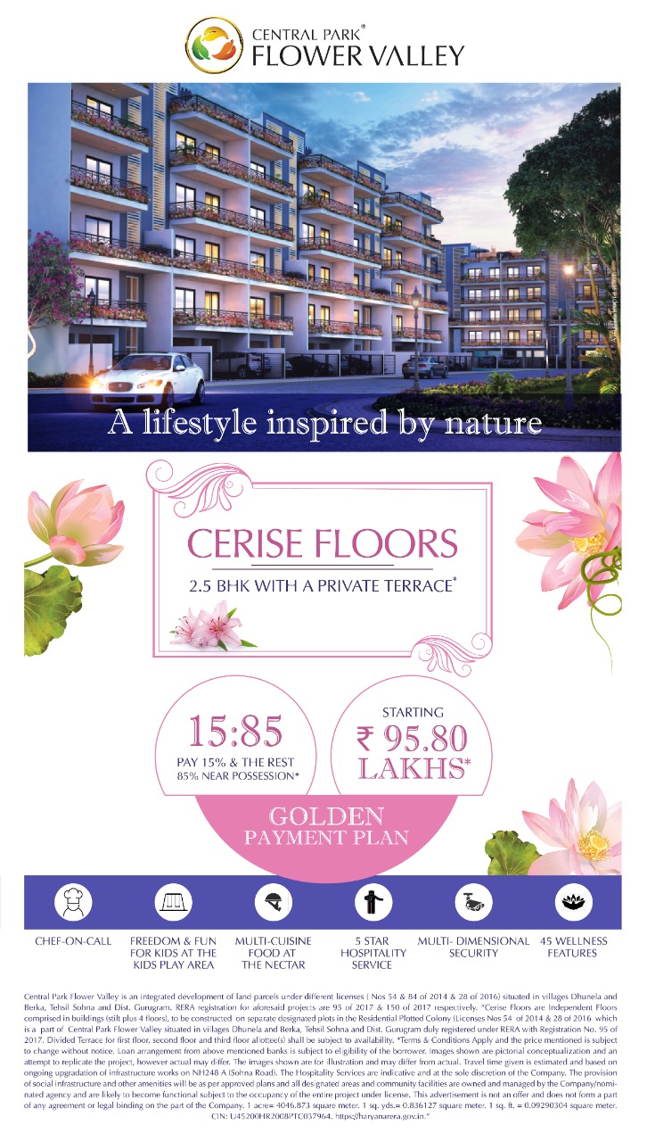 Cerise floors 2.5 BHK with a private terrace at Central  Park Flower  Valley in Gurgaon