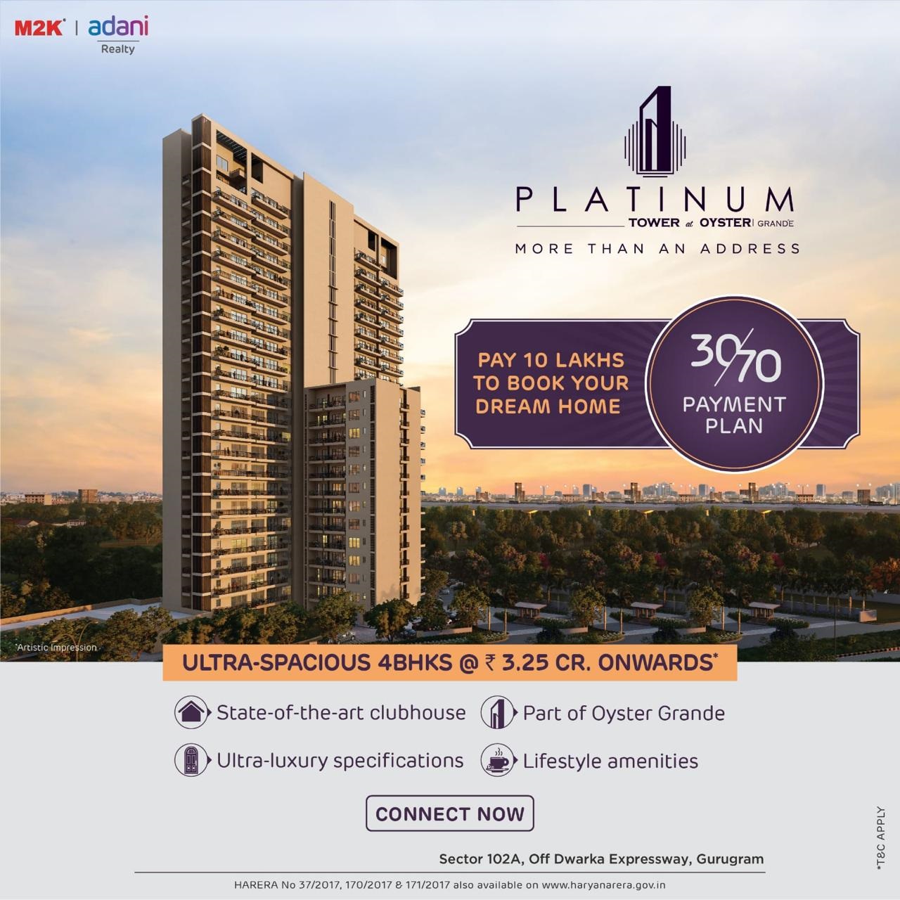 Ultra-spacious 4 BHK Rs 3.25 Cr. onwards at Adani M2K Oyster Grande Platinum Tower, Gurgoan