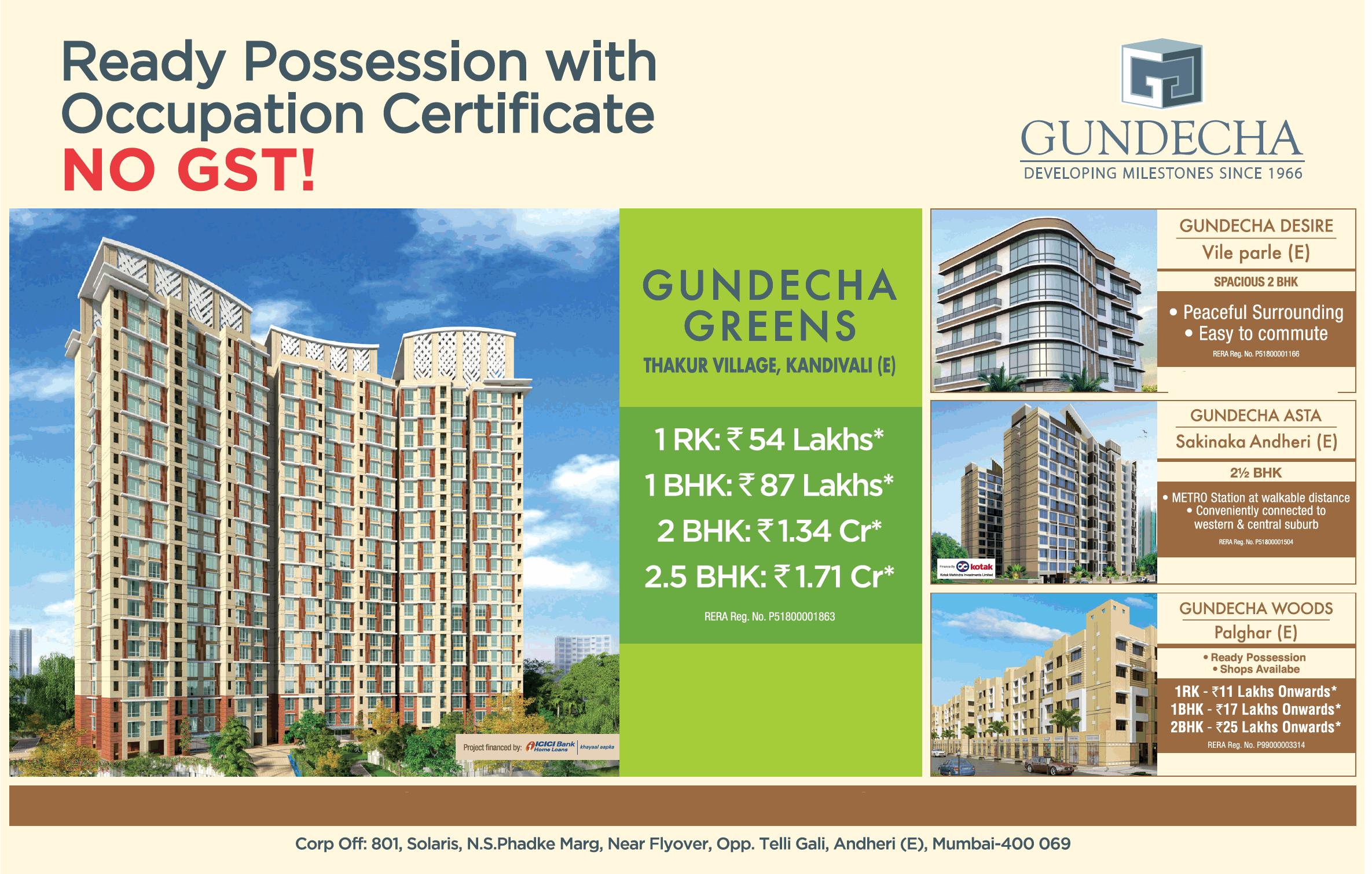 Ready possession with occupation certificate no GST at Gundecha Greens, Mumbai