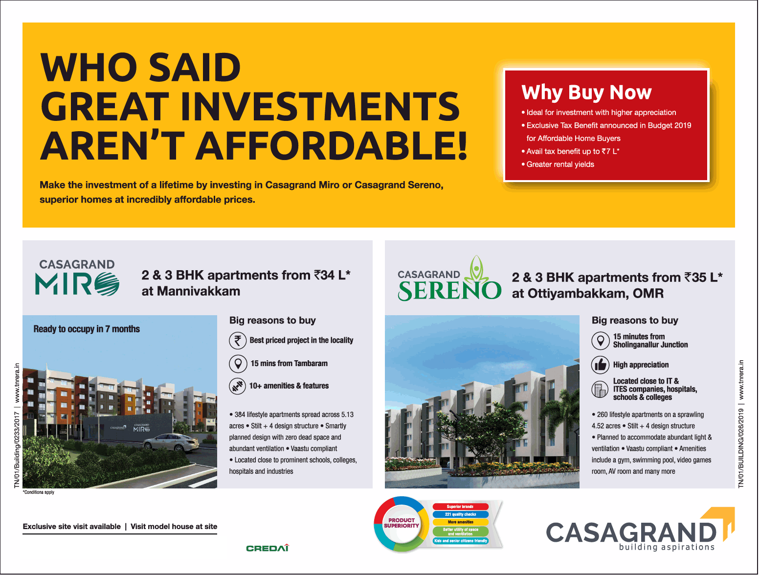 Casagrand Miro or Casagrand Sereno, superior homes at incredibly affordable prices in Chennai Update