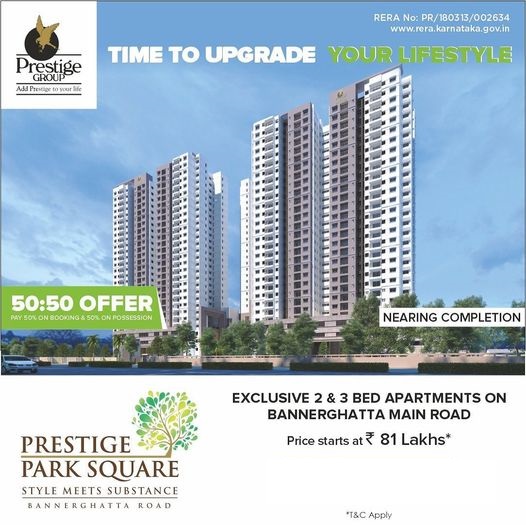 Pay 50% on booking and 50% on possession at Prestige Park Square in Bangalore