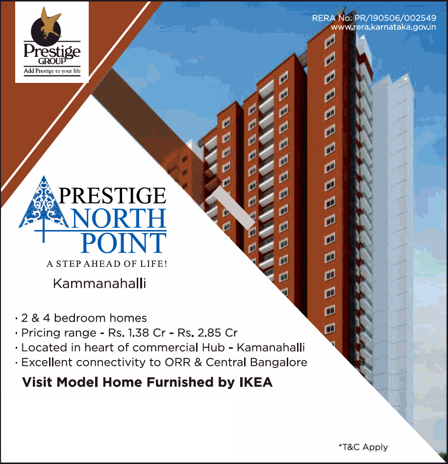 Book  2 & 4 bedroom homes Rs 1.38 Cr at Prestige North Point, Bangalore