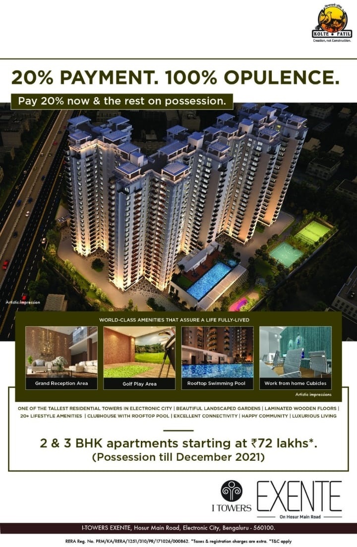 Pay 20% now & the rest on possession at Kolte Patil I Towers Exente in Bangalore