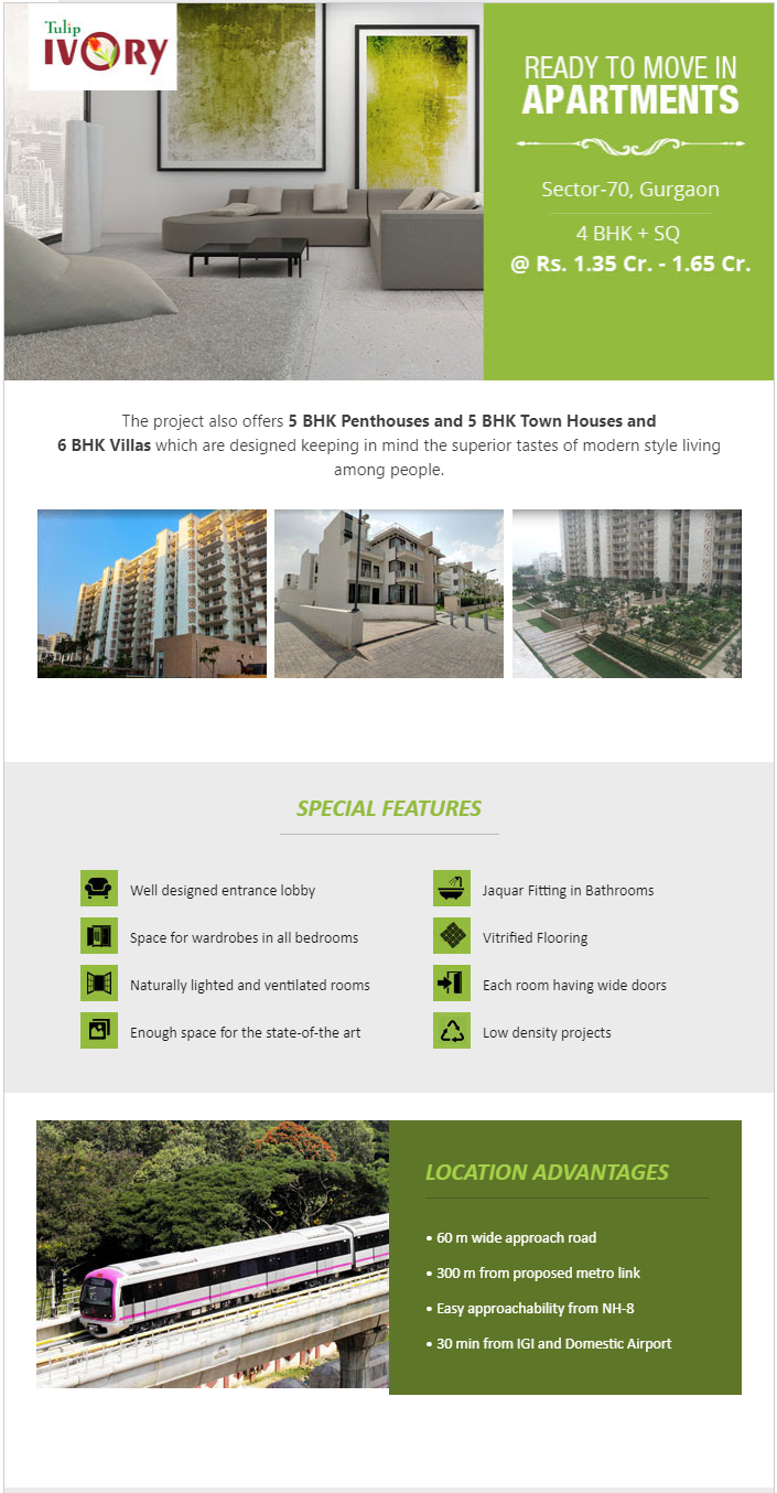Ready to move in 4 bhk apartment at Rs 1.35 Cr. at Tulip Ivory in Gurgaon