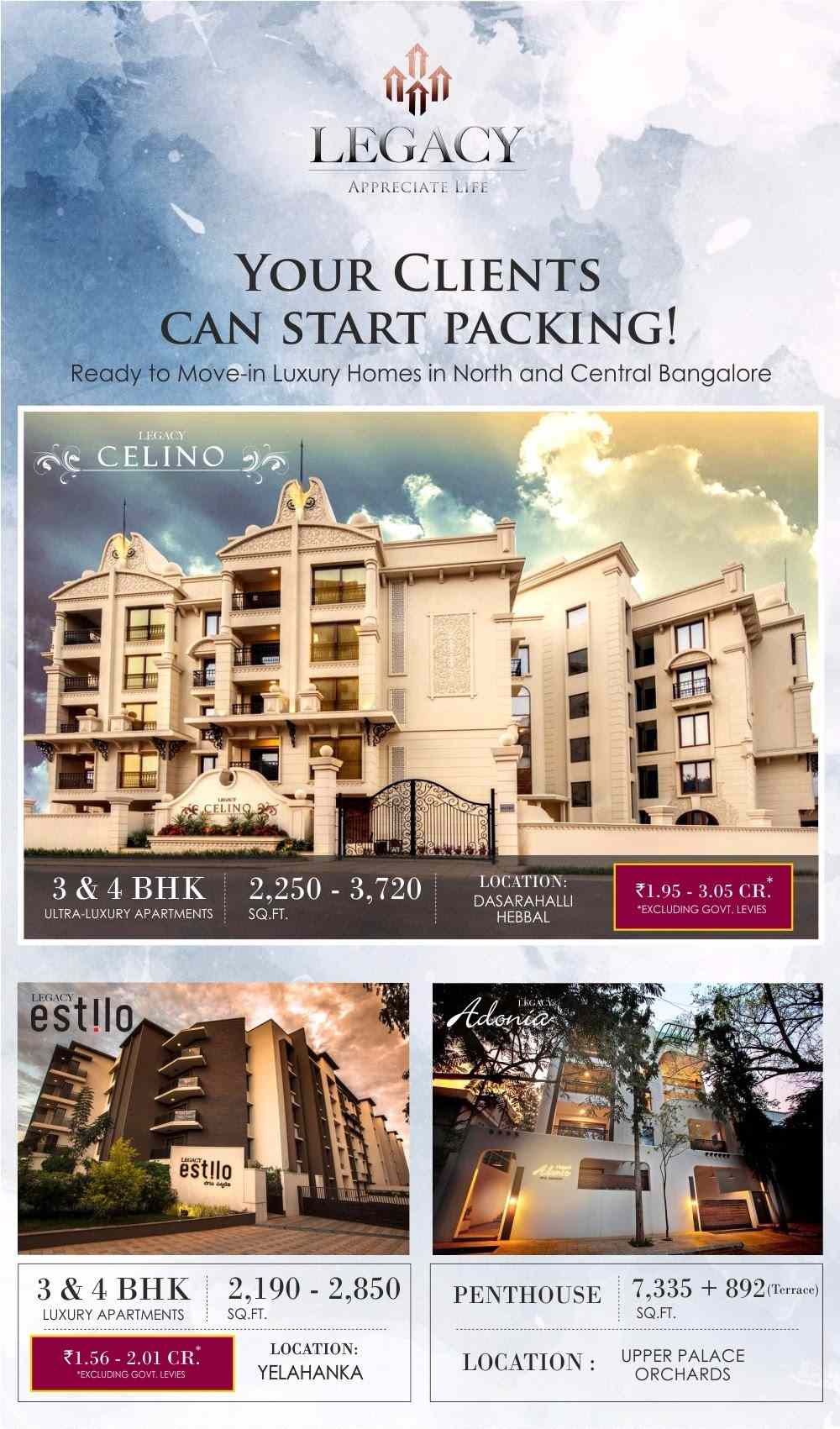 Invest in ready to move in luxury Legacy homes in North and Central Bangalore
