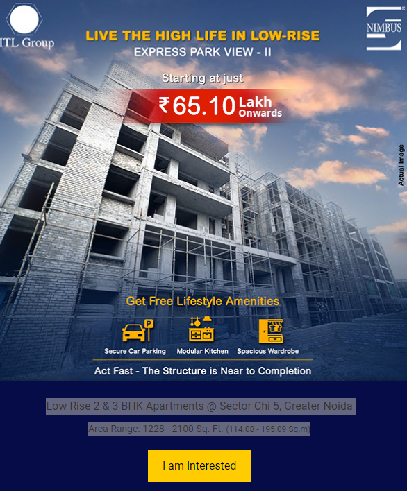 Book 2 & 3 BHK low rise apartment Rs. 65.10 Lac onwards at IITL Nimbus Express Park View 2, Greater Noida