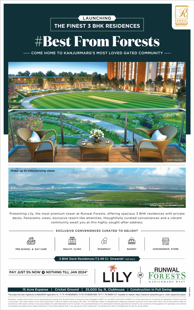 launching the finest 3 BHK residences Rs 2.49 Cr onwards (all incl.) at Runwal Forests Lily in Mumbai