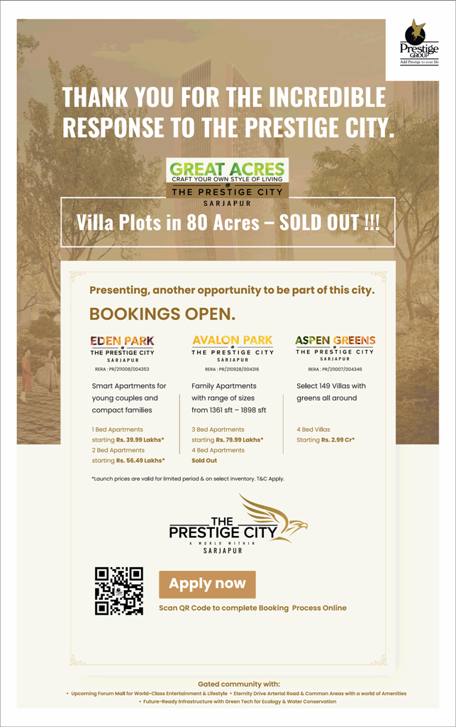 Booking open at The Prestige City in Sarjapur Road, Bengalore Update