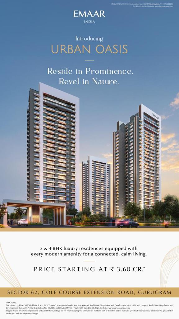 Book 3 and 4 BHK Residences Rs 3.60 Cr at Emaar Urban Oasis, Gurgaon Update