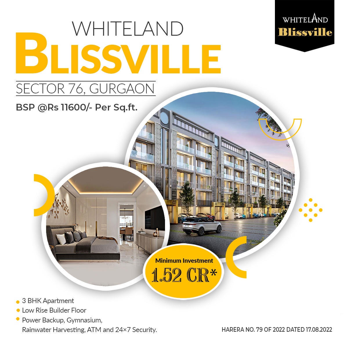 Minimum investment Rs 1.52 Cr at Whiteland Blissville, Sector-76, Gurgaon Update