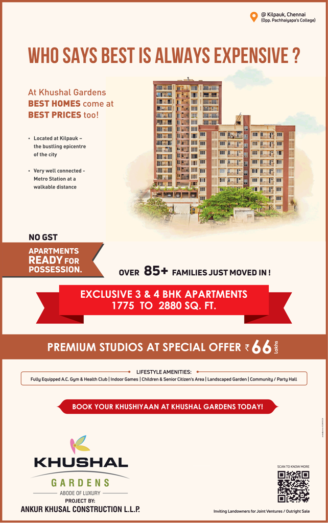 No GST apartments ready for possession at Ankur Khushal Gardens, Chennai