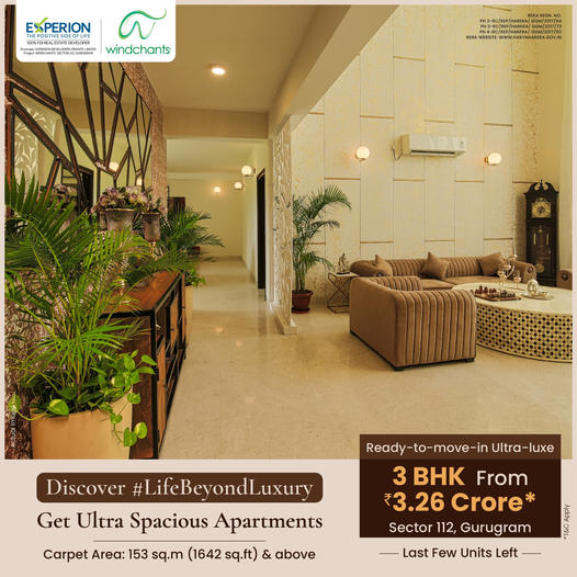 Get ultra spacious apartments Rs 3.26 Cr. at Experion Windchants, Gurgaon